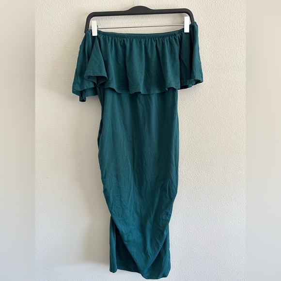 Off-shoulder maternity dress, dark teal - Picture 1 of 3